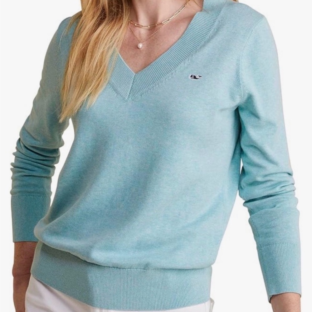 🌊 Vineyard Vines Heritage‎ Tipped V-Neck Sweater Light Blue Women’s Size Medium